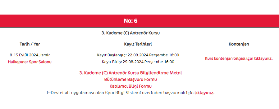 8-15 Eylül 2024 Basketbol 3. Kademe Antrenörlük Kursu İzmir